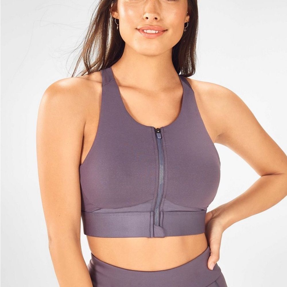 Fabletics No Bounce Sports Bra Womens Small S Zip Up Purple Activewear Running
